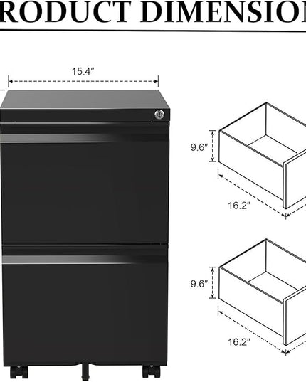 2-Drawer Mobile File Cabinets Rolling Metal Filing Cabinet for Legal & Letter File Anti-tilt Design with Lock Under Desk Office Drawers Fully Assembled Except Casters Black - LeafyLoom
