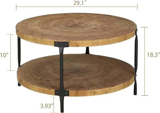 Round Boho Wood Coffee Table - 29.1" Farmhouse Natural Circle Wooden 2-Tier Coffee Tables Living Room Furniture, Natural Wood Color, 29.1" D x 18.3" H - LeafyLoom