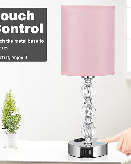 Pink Touch Bedside Lamps for Bedrooms - Crystal Table Lamp with USB C+A Charging Port and AC Outlet Nightstand, 3 Way Dimmable Silver Small End Side Table Lamp for Living/Guest/Dinning Room/Kitchen - LeafyLoom