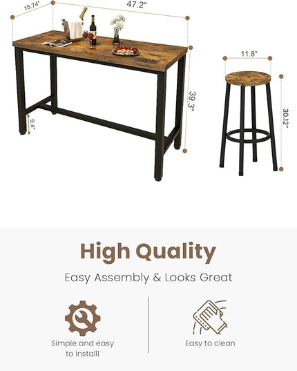 Recaceik 3 Piece Pub Dining Set, Modern bar Table and Stools for 2 Kitchen Counter Height Wood Top Bistro Easy Assemble for Breakfast Nook Living Room Small Space Restaurant, Rustic Brown 47" - LeafyLoom
