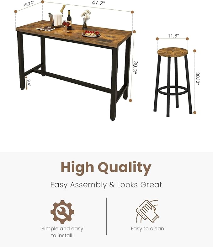 Recaceik 3 Piece Pub Dining Set, Modern bar Table and Stools for 2 Kitchen Counter Height Wood Top Bistro Easy Assemble for Breakfast Nook Living Room Small Space Restaurant, Rustic Brown 47" - LeafyLoom