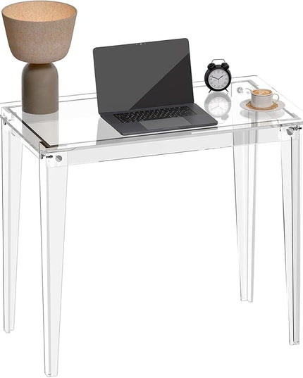 HMYHUM Small Acrylic Computer Desk, 35.4 Inch, Clear Study Desk for Home Office, Writing, Vanity, Modern, Easy Assembly, 19.7" W x 29.5" H, Right-Angle Legs Design - LeafyLoom