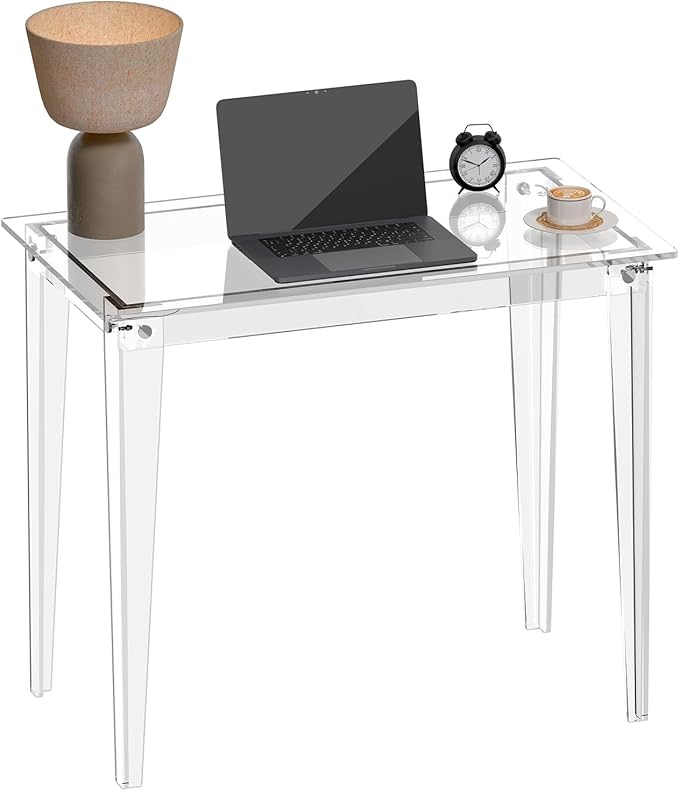 HMYHUM Small Acrylic Computer Desk, 35.4 Inch, Clear Study Desk for Home Office, Writing, Vanity, Modern, Easy Assembly, 19.7" W x 29.5" H, Right-Angle Legs Design - LeafyLoom