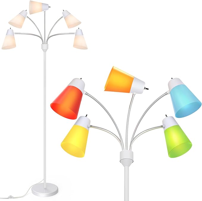 FOLKSMATE Floor Lamp, Medusa Multi Head Modern Tall Standing Lamps, Rustic Adjustable Gooseneck LED Reading Light for Living Room, Bedroom, Kids 5 White & Colored Lamp Shades, White - LeafyLoom