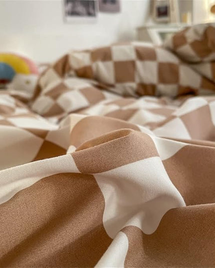 Wellboo Light Brown Plaid Comforter Sets Queen Women Men Cream Coffee and White Checkerboard Grid Bedding Comforters Cotton Boys Girls Modern Light Taupe Checkered Geometric Quilts Luxury Abstract Bed - LeafyLoom
