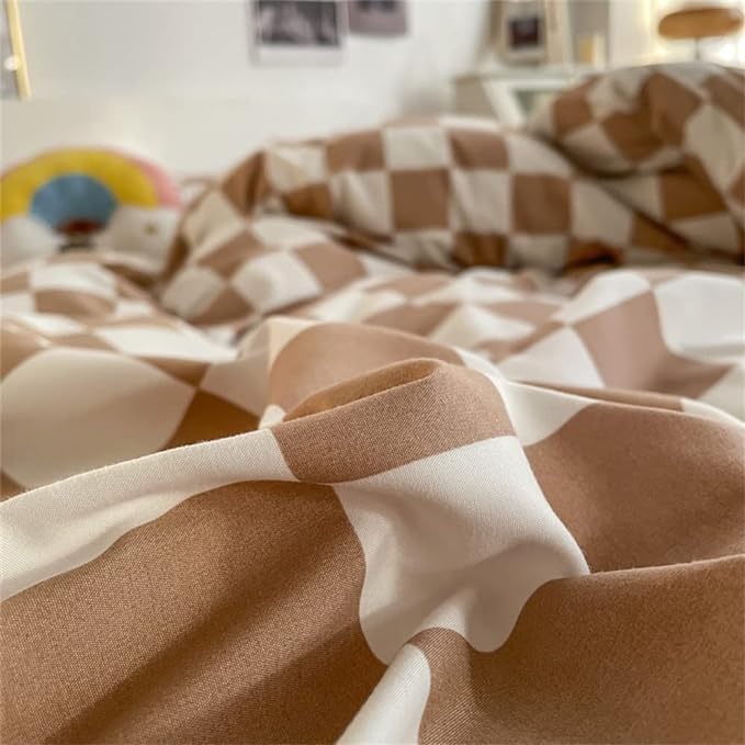 Wellboo Light Brown Plaid Comforter Sets Twin Women Men Cream Coffee and White Checkerboard Grid Bedding Comforters Cotton Boys Girls Modern Light Taupe Checkered Geometric Quilts Luxury Abstract Bed - LeafyLoom