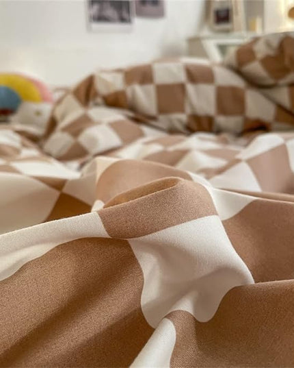 Wellboo Light Brown Plaid Comforter Sets California King Women Men Cream Coffee and White Checkerboard Grid Bedding Comforters Cal King Cotton Boys Girls Modern Light Taupe Checkered Geometric Quilts - LeafyLoom