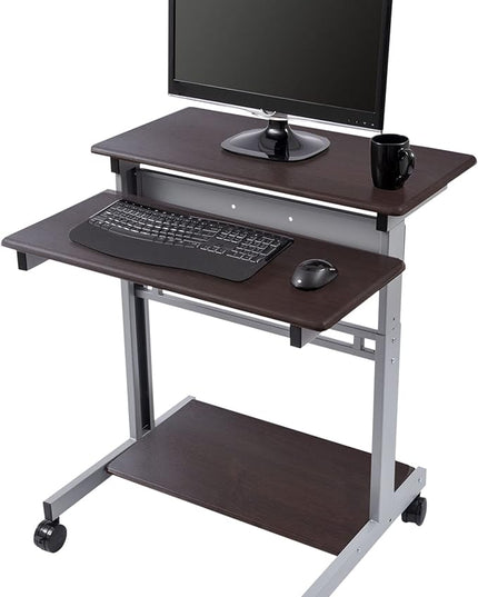 Stand Up Desk Store Rolling Adjustable Height Two Tier Standing Desk Computer Workstation (Silver Frame/Dark Walnut Top, 32" Wide) - LeafyLoom