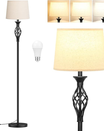 Vintage Floor Lamp with Linen Shade - 3 Color Temperature, Black, LED Bulbs, Foot Pedal Switch, Easy Assembly - LeafyLoom