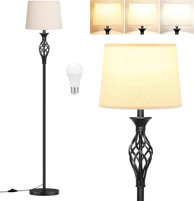 Vintage Floor Lamp with Linen Shade - 3 Color Temperature, Black, LED Bulbs, Foot Pedal Switch, Easy Assembly - LeafyLoom