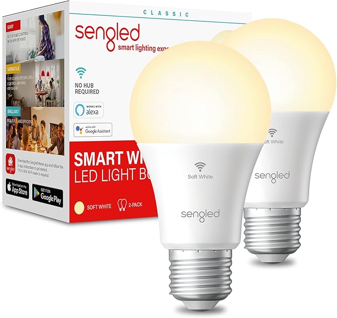 Sengled Alexa/Google Smart WiFi Light Bulbs, A19 Soft White 2700K, 800LM, No Hub - 2 Pack Sengled
