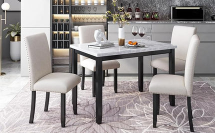 RITSU Modern Marble 5 Piece Dining Table Set with 4 Thick Upholstered Burlap Chairs W/Rivet Edge Trim, Solid Wood Frame, for Living Room, Apartment White/Beige & Black, 45.3inch - LeafyLoom