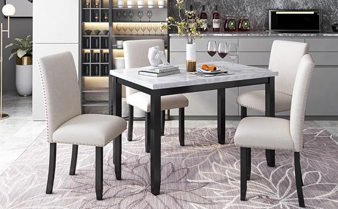 RITSU Modern Marble 5 Piece Dining Table Set with 4 Thick Upholstered Burlap Chairs W/Rivet Edge Trim, Solid Wood Frame, for Living Room, Apartment White/Beige & Black, 45.3inch - LeafyLoom