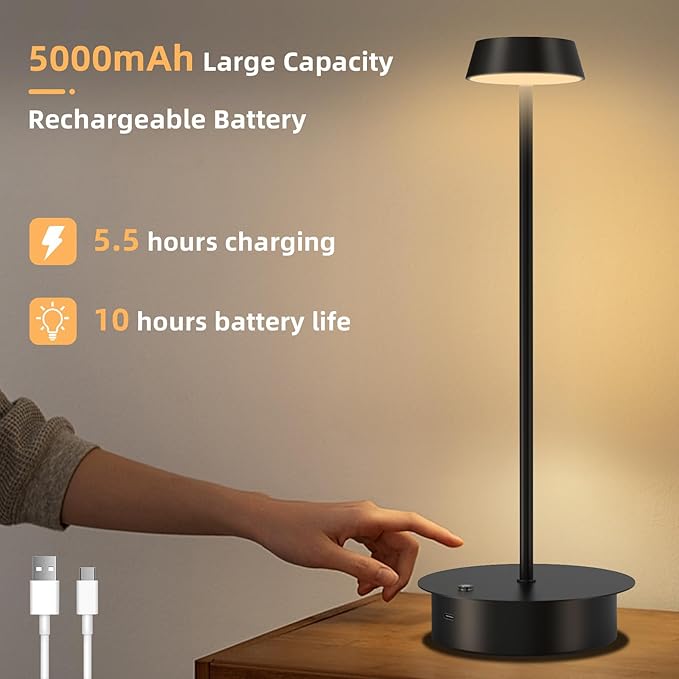 Rechargeable LED Table Lamp - Cordless Table Lamp with Touch Control, Portable LED Desk Lamp 3 Color Stepless Dimmable Modern Lamp for Restaurant/Dinner/Bedroom/Outdoor IP65 Waterproof - Green - LeafyLoom