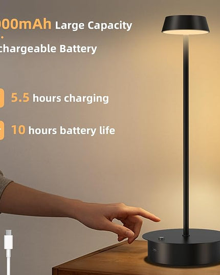 2 Pack Cordless Table Lamp Rechargeable: 5000mAh Battery Operated LED Desk Lamp, 3 Color Stepless Dimming, Portable Table Light Outdoor for Dinner/Patio/Restaurant/Bar/Bedroom-Black - LeafyLoom