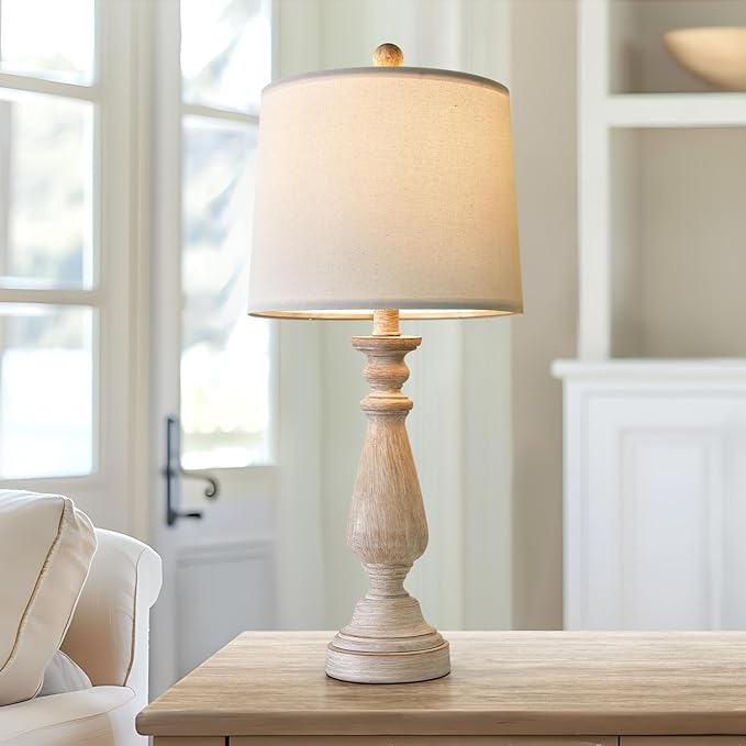 PORTRES 24.5" Mid Century Single Table Lamp for Living Room Farmhouse Linen Bedside Lamps for Bedroom Kids Room Dorm Office Rustic Lamps for End Table Nigntstand Resin - LeafyLoom