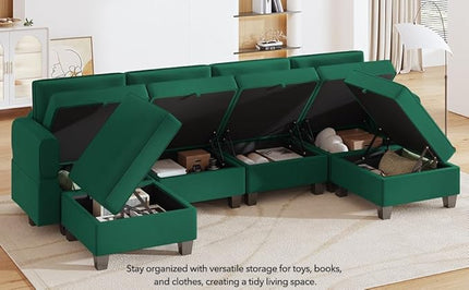 Modular Sectional Sofa, Convertible Sectional Couches for Living Room U Shaped Sectional Sofa Couch with Storage Ottoman, High Supportive 6 Seats Reversible Sectionals 113'' with Chaise, Green - LeafyLoom