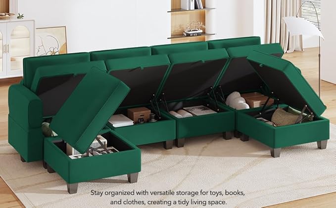 Modular Sectional Sofa, Convertible Sectional Couches for Living Room U Shaped Sectional Sofa Couch with Storage Ottoman, High Supportive 6 Seats Reversible Sectionals 113'' with Chaise, Green - LeafyLoom