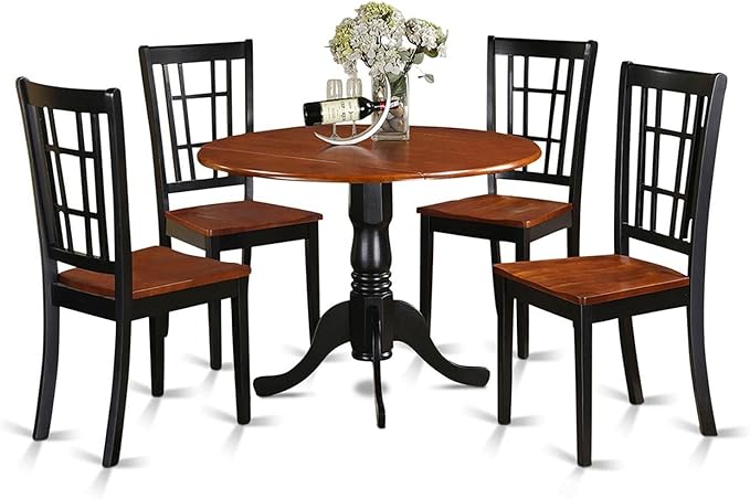 East West Furniture DLNI5-BCH-W 5 Piece Modern Set Includes a Round Wooden Table with Dropleaf and 4 Dining Chairs, 42x42 Inch - LeafyLoom