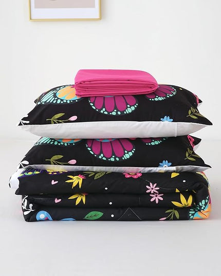 Girls Butterfly Comforter Set Queen Size Colorful Flowers Leaves Bedding Set for Kids Teens Adults Black 7 Piece Bed in A Bag Super Soft All Season - LeafyLoom