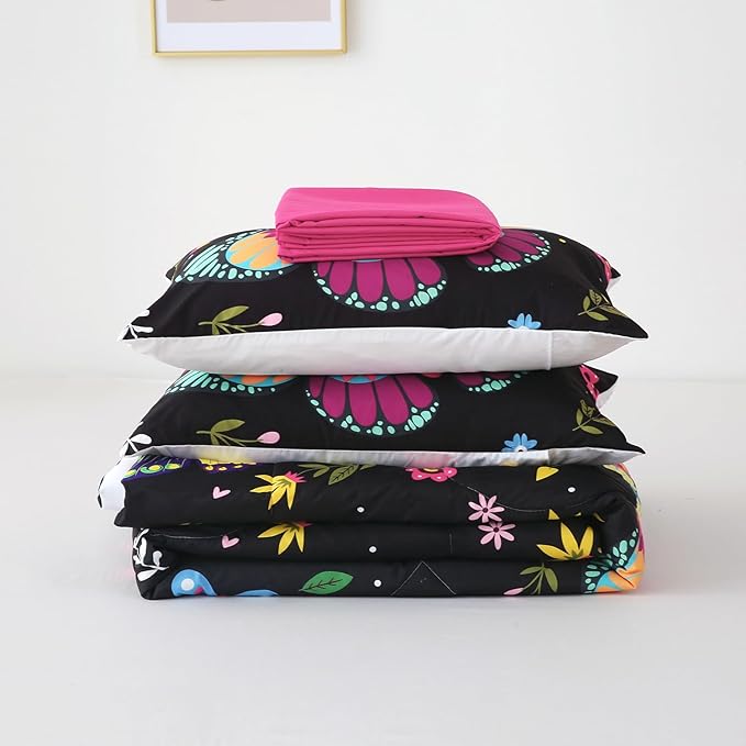Girls Butterfly Comforter Set Queen Size Colorful Flowers Leaves Bedding Set for Kids Teens Adults Black 7 Piece Bed in A Bag Super Soft All Season - LeafyLoom