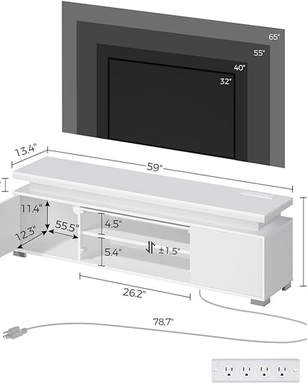Rolanstar TV Stand with LED Lights & Power Outlet, Modern Entertainment Center for 32/43/50/55/65 Inchs TVs, Table, Universal Gaming Media Stand Storage Cabinet and Large Storage, White - LeafyLoom
