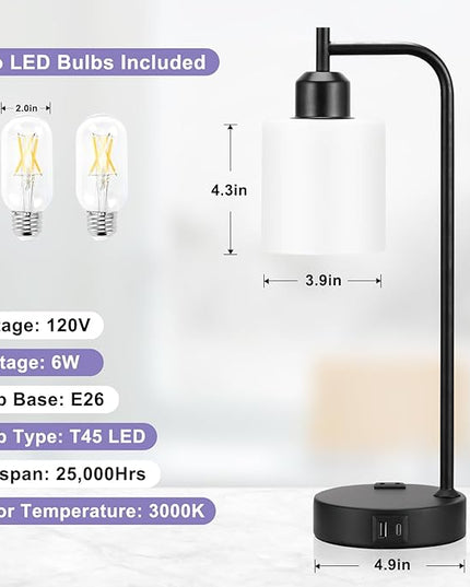 Industrial Touch Bedside Lamps for Bedrooms Set of 2 - 3-Way Dimmable Nightstand Lamps with USB C+A Ports and Outlet, Table Lamps with Opal Glass Shade for Living Room, Desk Lamps for Home Office - LeafyLoom