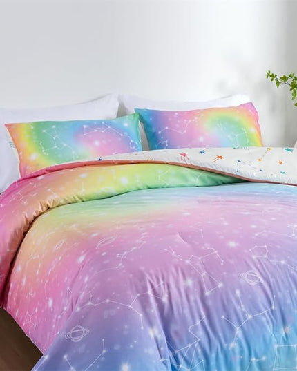 Holawakaka Tie Dye Constellation Print Rainbow Ombre Comforter Set Full Size Girls Boys Gradient Galaxy Bedding Sets Teens Boho Bed Set(Multi,Full) - LeafyLoom