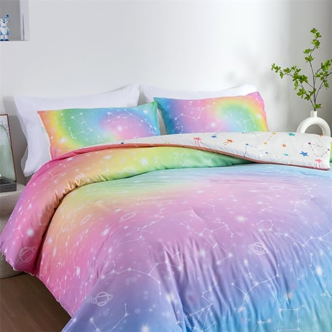Holawakaka Tie Dye Constellation Print Rainbow Ombre Comforter Set Queen Size Girls Boys Gradient Galaxy Bedding Sets Teens Boho Bed Set(Multi,Queen) - LeafyLoom