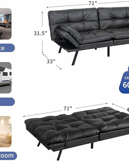 MUUEGM Futon Sofa Bed,Convertible Adjustable Backrest Armrests Memory Foam Couch Bed, Modern Faux Leather Futon Sleeper Couch Loveseat for Living Room,office,Apartment,Small Space,Matte Black - LeafyLoom