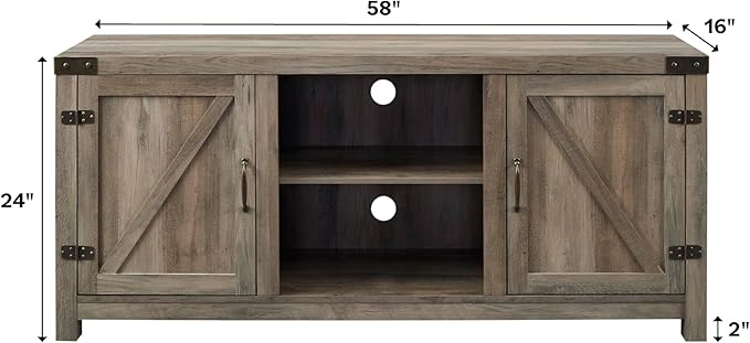 Walker Edison Larae Modern Farmhouse Two-Tone Barn Door Stand for TVs up to 65 Inches, Without Fireplace, Rustic Oak/White - LeafyLoom