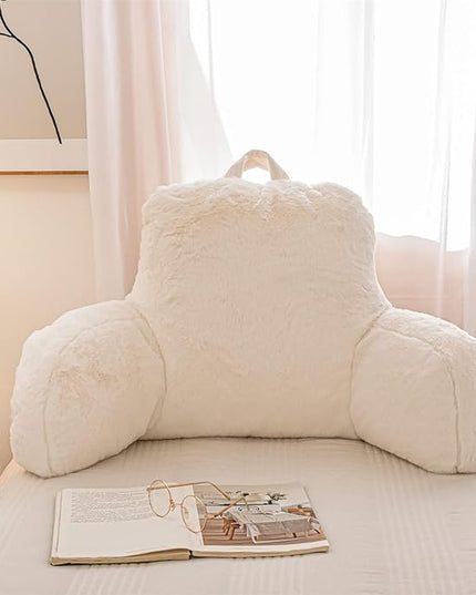 A Nice Night Faux Fur Reading Pillow Bed Wedge Large Adult Children Backrest with Arms Back Support for Sitting Up in Bed/Couch for Bedrest,Ivory,Large - LeafyLoom