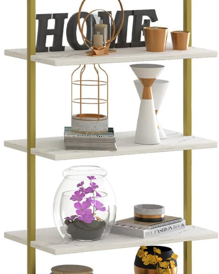 5 Tiers Ladder Shelf White Marble Modern Bookshelf Open Tall Wall Mount Bookcase Standing Leaning Wall Shelves Industrial Decorative - LeafyLoom