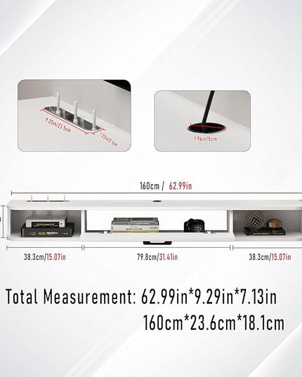 Floating TV Unit, 63'' Wall Mounted TV Cabinet, Floating Shelves with Door, Modern Entertainment Media Console Center Large Storage TV Bench for Living Room & Office (62.99IN, White) - LeafyLoom