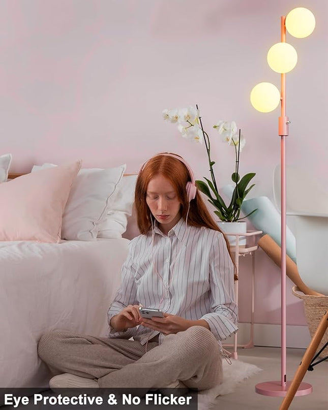 64IN Dimmable Pink Floor Lamp, Tall Standing Lamps with 3 Globe Soft Warm White Eye Care 3000K G9 Bulbs, Mid Century Modern Floor Lamp for Bedroom Office - LeafyLoom