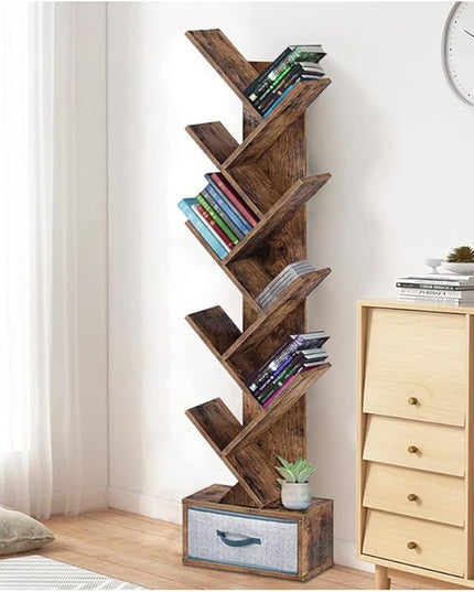 Tree Bookshelf with Drawer,Bookcase ,Bookshelves,Rack,Storage Rack,Holder,Organizer for Books,Wood Bookshelves,Book Tree,NarrowBookshelf Board Game Storage(Color:Rustic Brown), r-09 - LeafyLoom