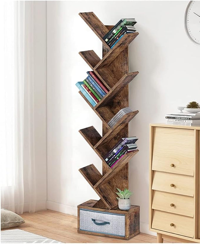 Tree Bookshelf with Drawer,Bookcase ,Bookshelves,Rack,Storage Rack,Holder,Organizer for Books,Wood Bookshelves,Book Tree,NarrowBookshelf Board Game Storage(Color:Rustic Brown), r-09 - LeafyLoom
