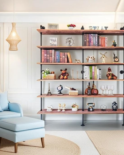 Industrial Ladder Shelf Bookcase, Wall Mounted Rustic Bookshelf, Retro Wood Metal Pipe Industrial Shelves for Living Room(Weathered Brown, 6 Tier - 10" D x 70" W x 82.5" H) - LeafyLoom