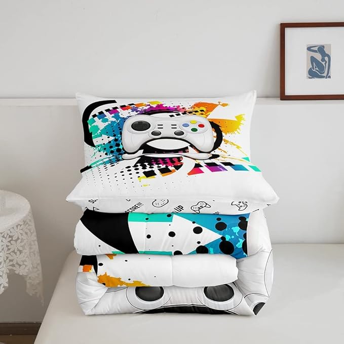 Kids Gaming Comforter Set King Gamer Bedding Set, Modern Console Game Controller Duvet Set for Boys Girls Teens, White Gamepad Quilt Set, Tie Dye Colorful Comforter Set Grey White Soft Bedding Set - LeafyLoom