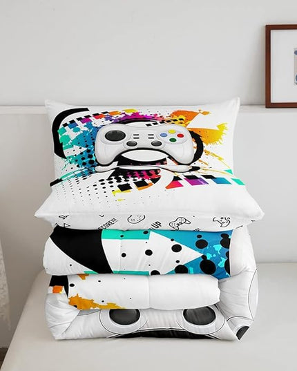 Kids Gaming Comforter Set Queen Gamer Bedding Set, Modern Console Game Controller Duvet Set For Boys Girls Teens, White Gamepad Quilt Set, Tie Dye Colorful Comforter Set Grey White Soft Bedding Set - LeafyLoom