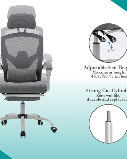 edx Ergonomic Office Chair, Reclining High Back Mesh Computer Desk Swivel Rolling Home Task Chair with Lumbar Support Pillow, Adjustable Headrest, Retractable Footrest and Padded Armrests, Grey - LeafyLoom
