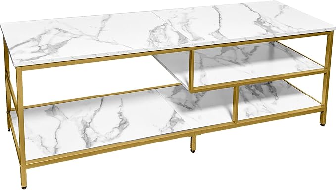 AT-VALY TV Stand for 55-75 inch TVs, Metal&MDF TV Stand with 3-Tier Storage Shelves for Living Room, Entertainment Center with Storage Cabinets (Gold) - LeafyLoom