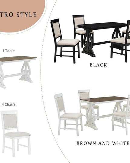 NicBex Dining Table Set for 4 Kitchen & Dining Room Tables 5-Piece Retro Dining Set, Rectangular Wooden Dining Table and 4 Upholstered Chairs for Dining Room and Kitchen, Brown + White - LeafyLoom