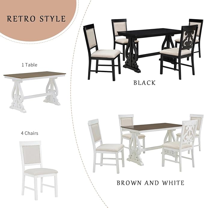 NicBex Dining Table Set for 4 Kitchen & Dining Room Tables 5-Piece Retro Dining Set, Rectangular Wooden Dining Table and 4 Upholstered Chairs for Dining Room and Kitchen, Brown + White - LeafyLoom