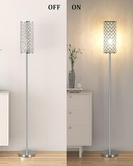 Crystal Floor Lamp with Bulb for Girls Bedroom Silver, Living Room, Modern Tall Glam Minimalism Pole Corner Standing Light for office, Dorm Hotel - LeafyLoom