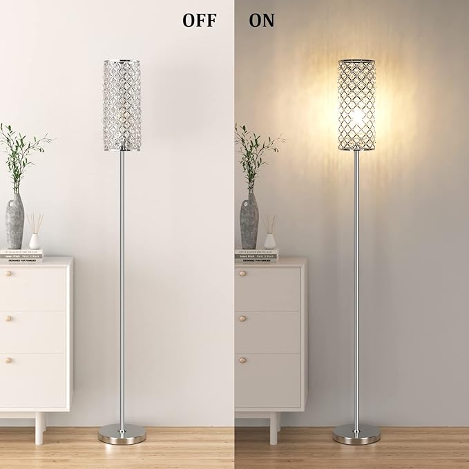 Crystal Floor Lamp with Bulb for Girls Bedroom Silver, Living Room, Modern Tall Glam Minimalism Pole Corner Standing Light for office, Dorm Hotel - LeafyLoom