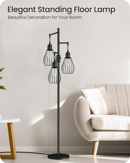 Farmhouse Dimmable Floor Lamp, Industrial Tall Standing Tree Lamp with 3 Elegant Teardrop Cage Heads, 4W 3 LED Bulbs Included, Rustic Standing Lamp for Living Room, Bedroom, Black B01LD05 - LeafyLoom