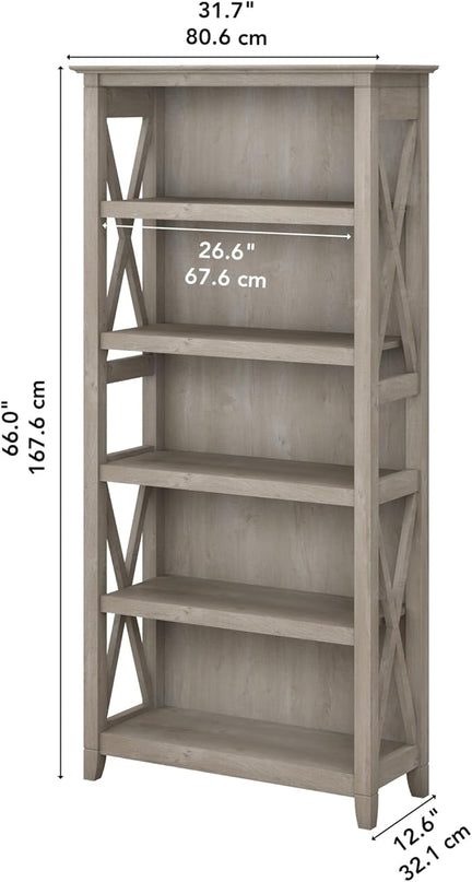 Bush Furniture Key West Tall 5 Shelf Bookcase in Washed Gray - LeafyLoom