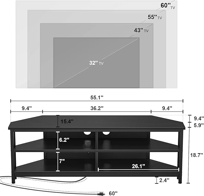 Unikito Corner TV Stand With Power Outlet, Corner Entertainment Center Corner TV Table With 4 Open Storage Corner TV Cabinet Wood TV Stand For Living Room,Bedroom Corner TV Stand For 55 inch TV, Black - LeafyLoom