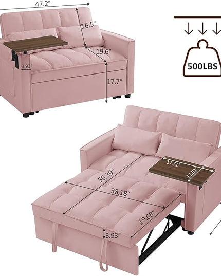 3 in 1 Loveseat Sofa Bed, Pull Out Couch Sleeper with Storage, Full Size Velvet Convertible Chair with 2 Pockets & 2 Pillows for Living Room, Pink - LeafyLoom